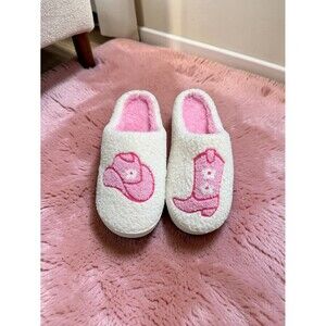 Pink Western Cowgirl Slippers Size 7/8, Cozy Sherpa House Shoes, Cottagecore